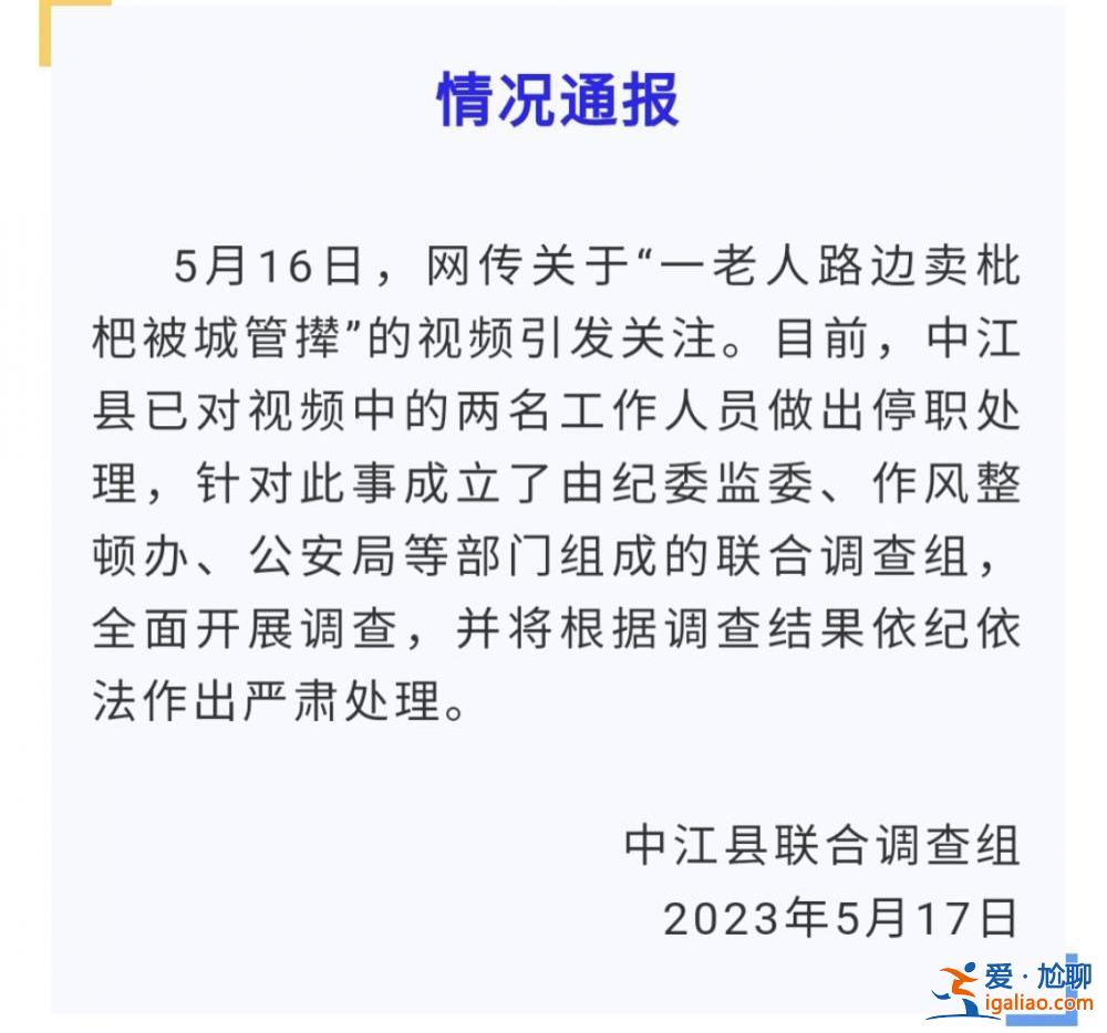 網傳老人路邊賣枇杷被城管攆 官方成立聯合調查組 兩工作人員被停職？