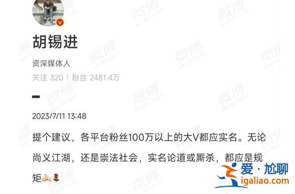 胡錫進：建議百萬粉絲大V都實名 為何需要實名？